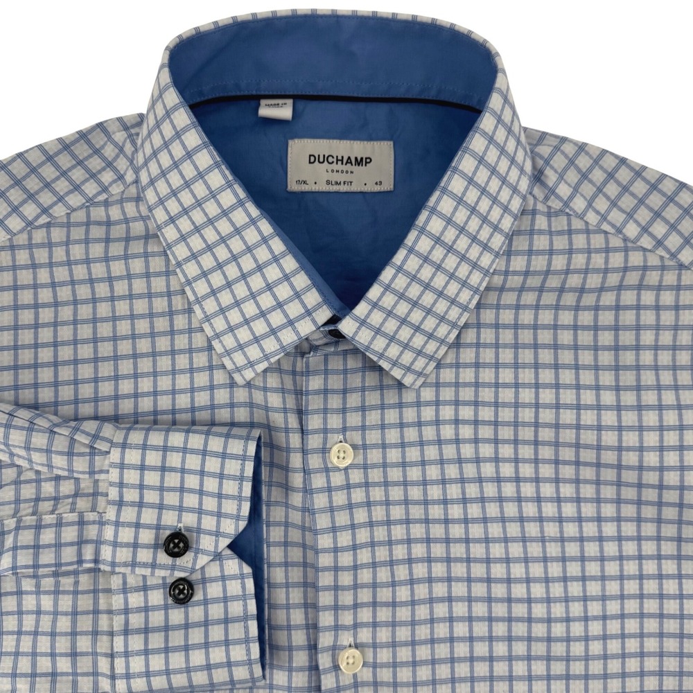 DUCHAMP LONDON Slim Fit Dress Shirt Mens XL‎ 17/43 Blue White Gingham Check